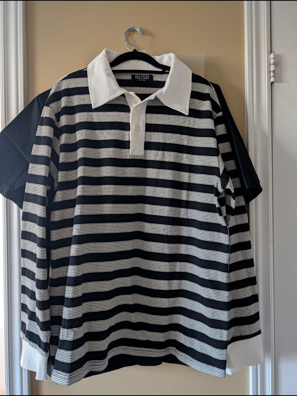 Brunette The Label Black & White Striped Rugby Polo